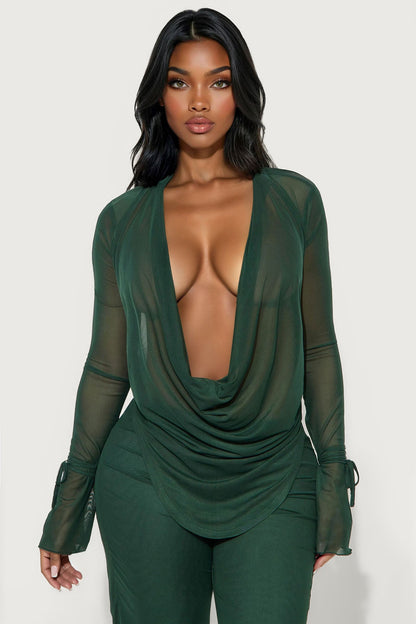 Silent Muse Cowl Neck Mesh Pant Set - Hunter