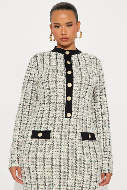Marissa Tweed Long Sleeve Midi Dress - White/Black