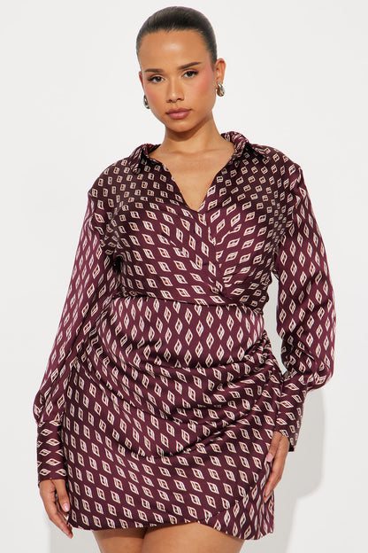 Cassie Collar Shirt Mini Dress - Burgundy/combo