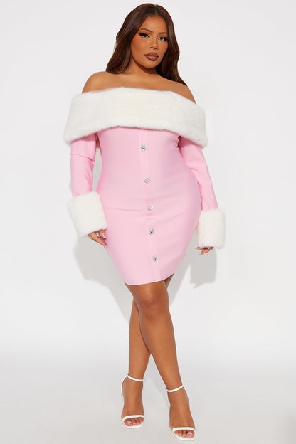 Kyla Fur Bandage Mini Dress - Pink/combo