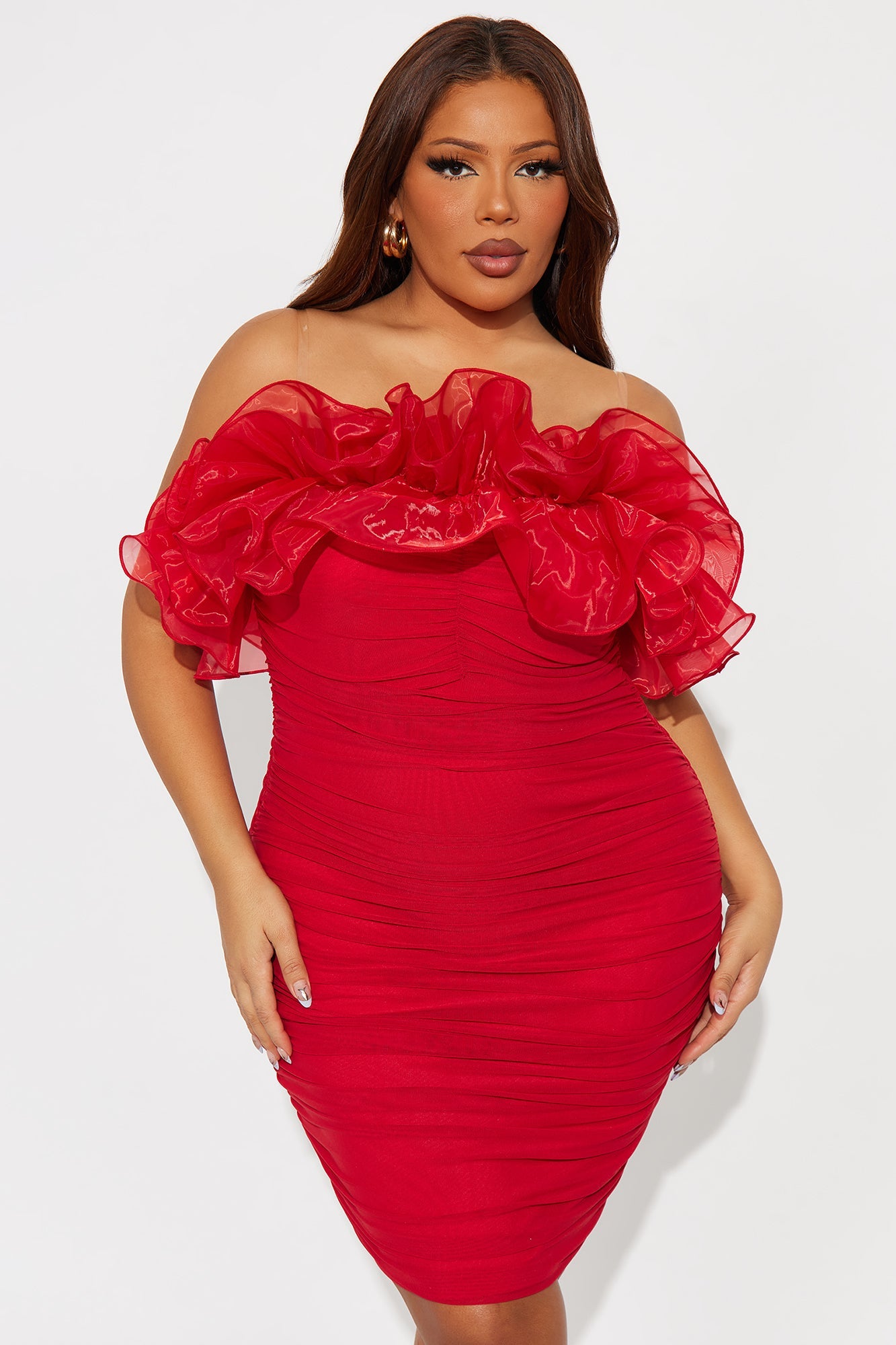 Ruffle Mami Mesh Mini Dress - Red