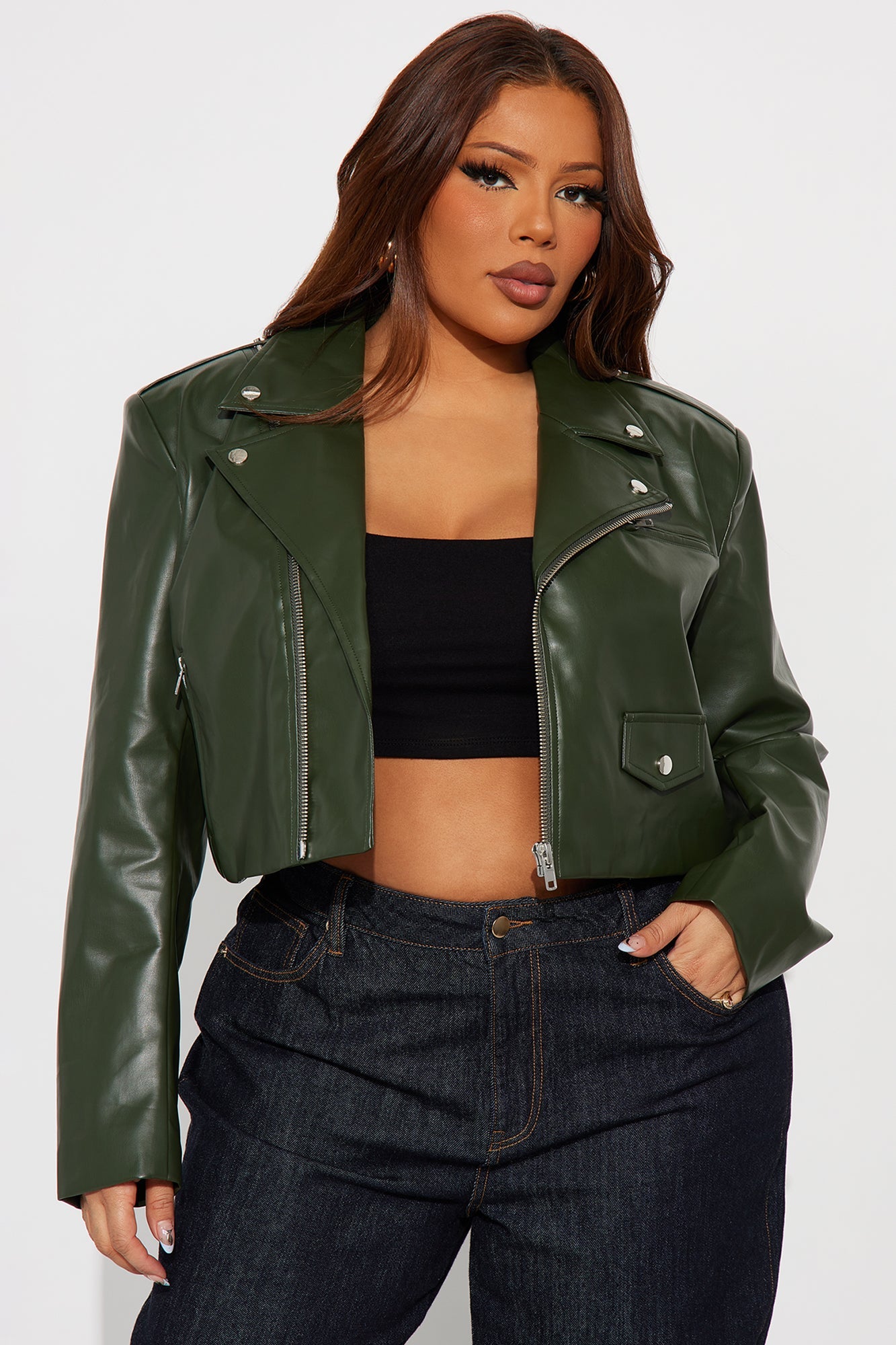 Break The Mold Faux Leather Moto Jacket - Olive
