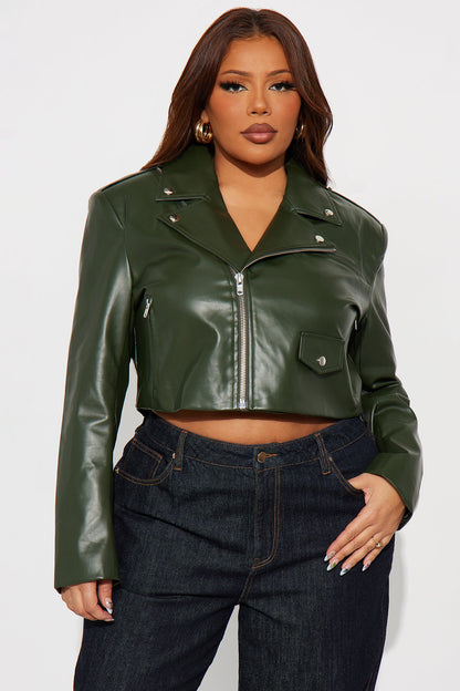 Break The Mold Faux Leather Moto Jacket - Olive