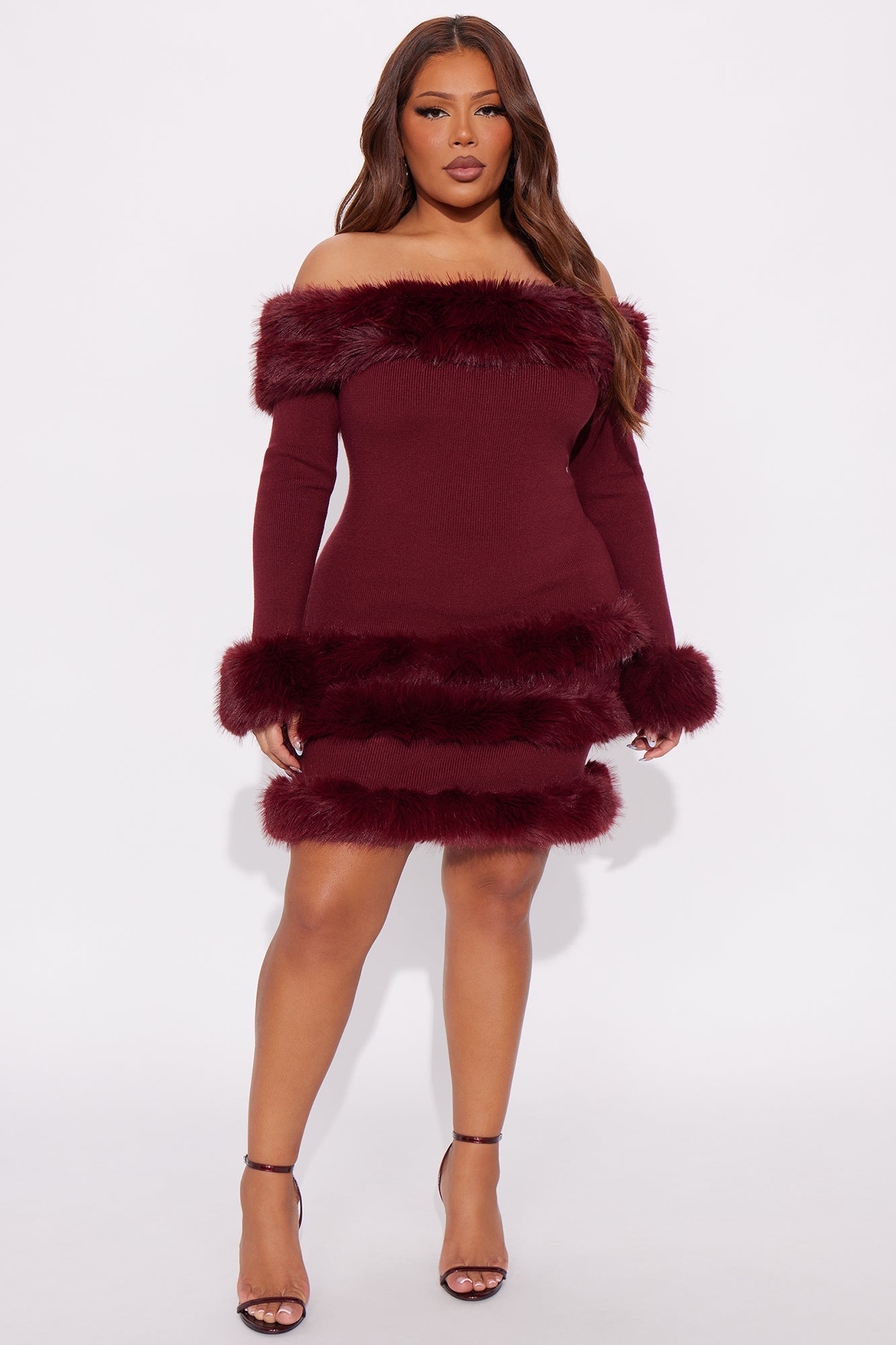 Cozy Feeling Fur Trim Mini Dress - Wine