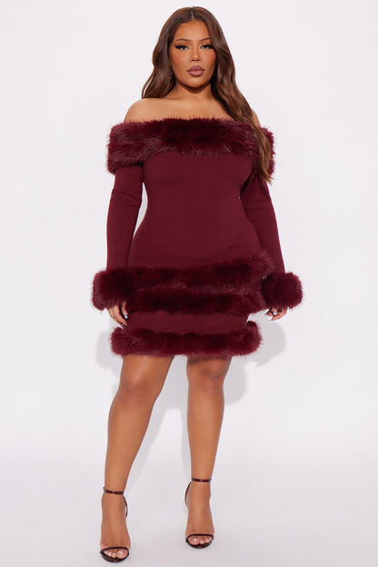 Cozy Feeling Fur Trim Mini Dress - Wine