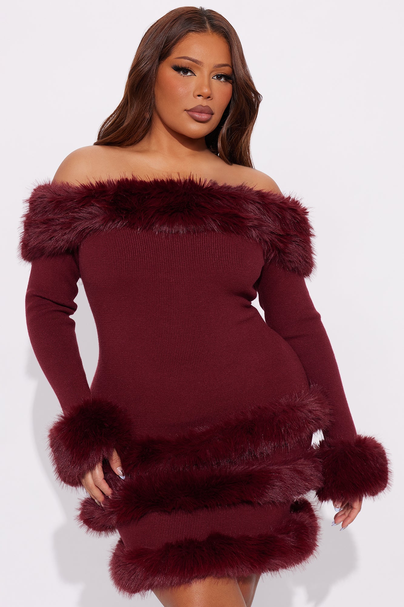 Cozy Feeling Fur Trim Mini Dress - Wine