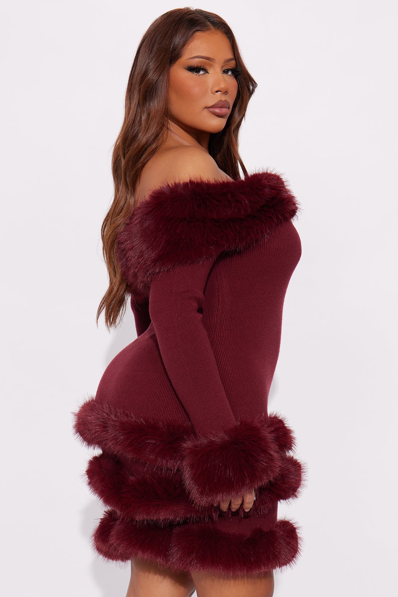 Cozy Feeling Fur Trim Mini Dress - Wine