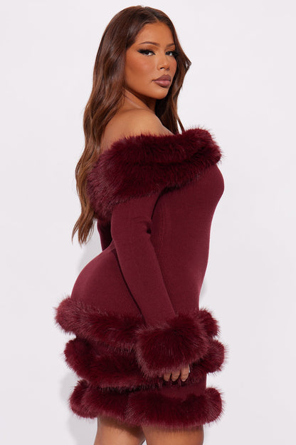 Cozy Feeling Fur Trim Mini Dress - Wine