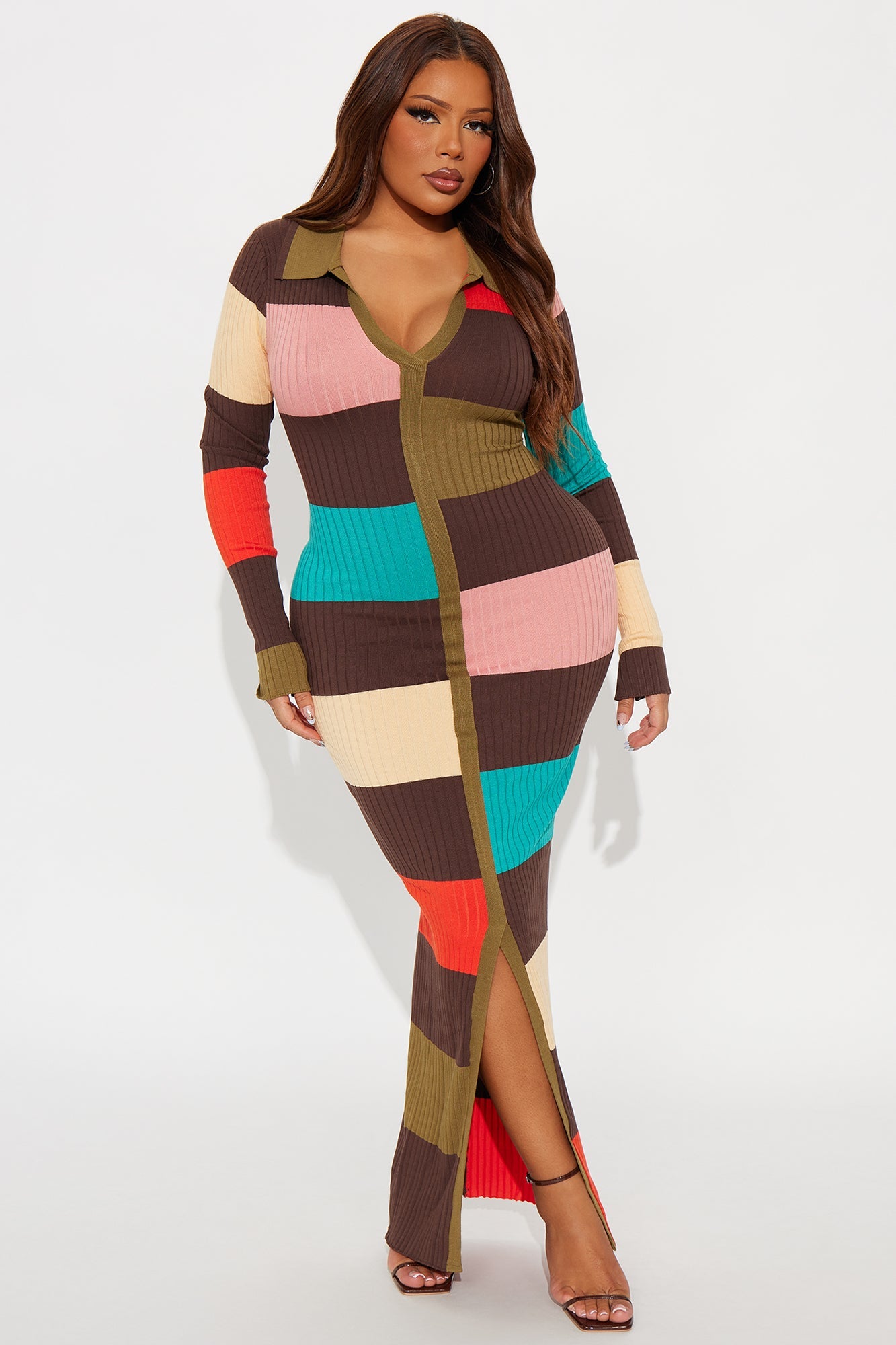Rachel Collared Long Sleeve Maxi Dress - Brown/combo