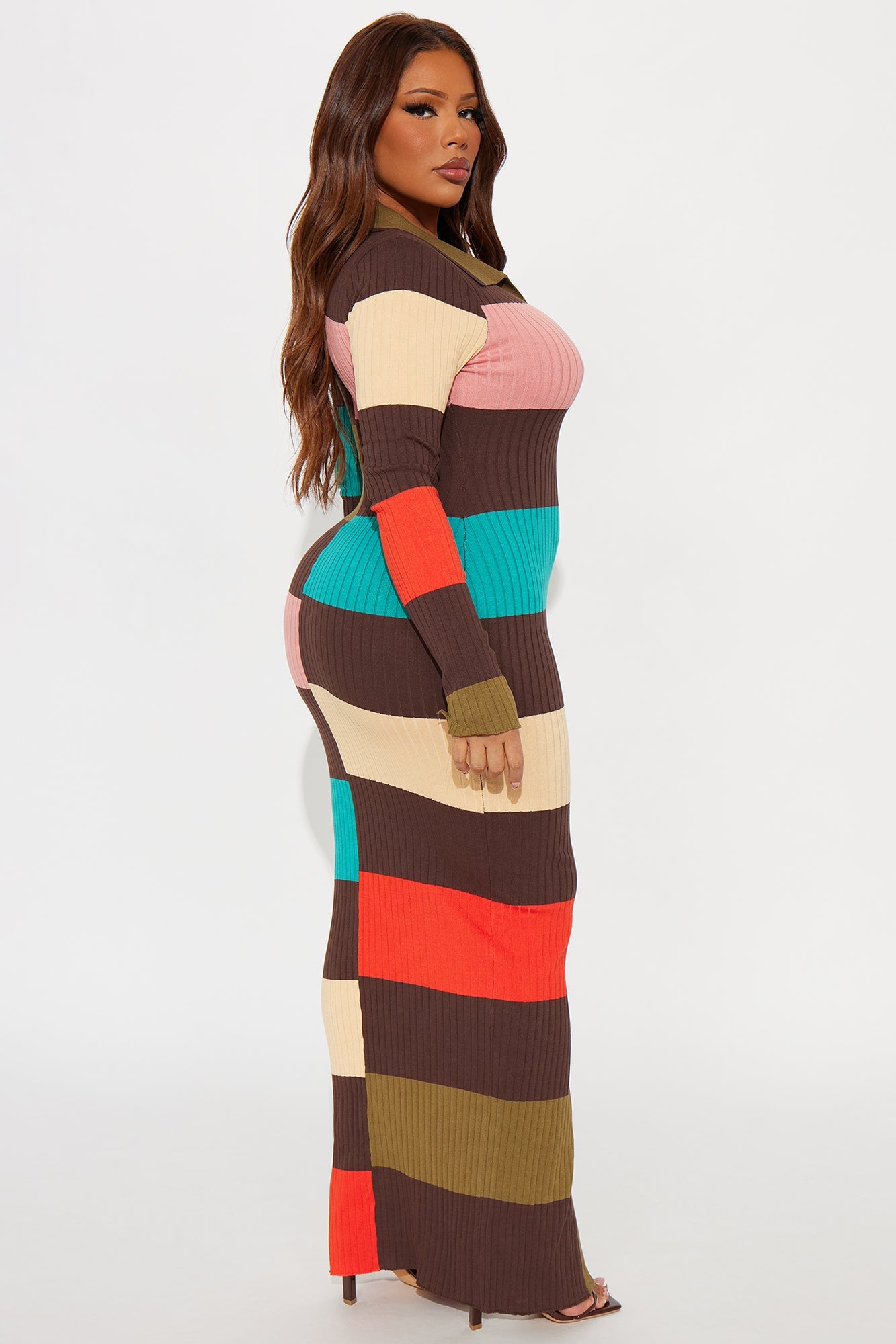Rachel Collared Long Sleeve Maxi Dress - Brown/combo