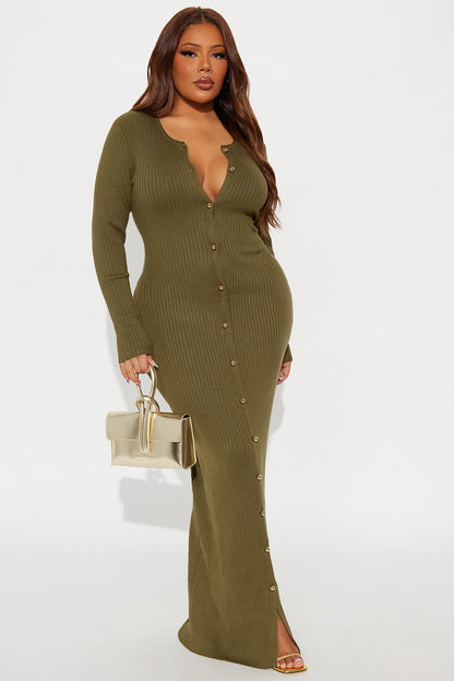 Madeline Button Up Sweater Maxi Dress - Olive