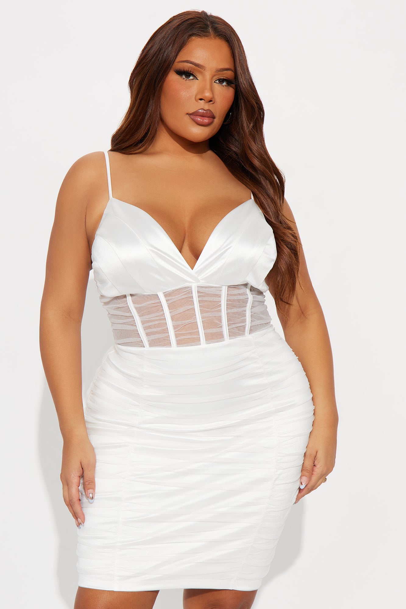 Angelina Mesh Metallic Satin Mini Dress - White