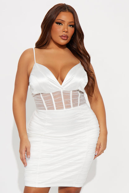 Angelina Mesh Metallic Satin Mini Dress - White