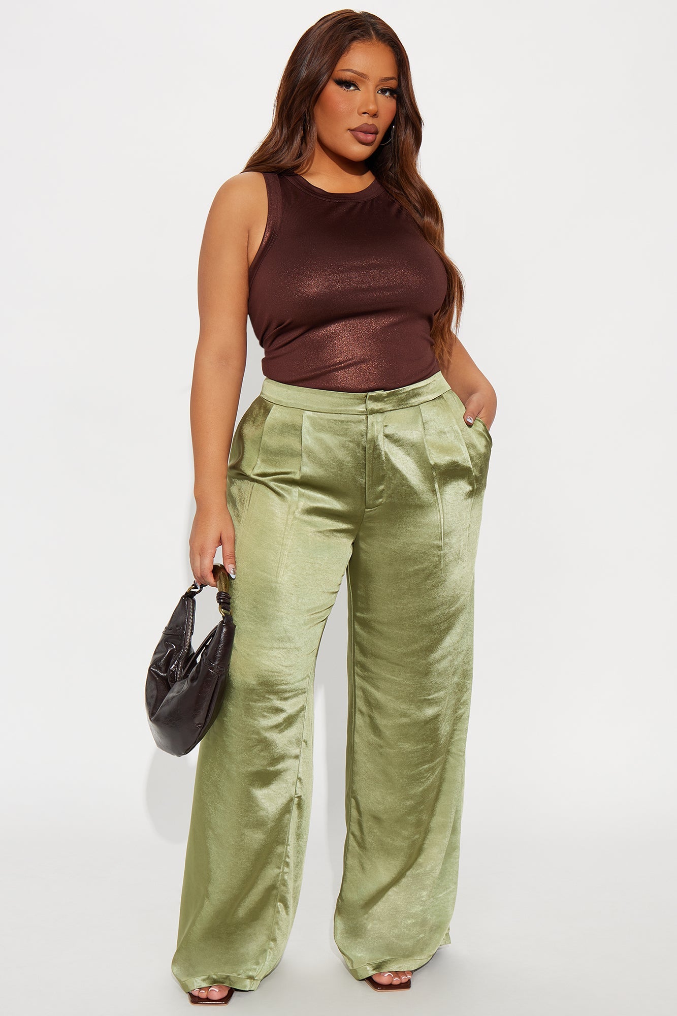 Main Topic Low Rise Wide Leg Satin Pant 33 - Olive