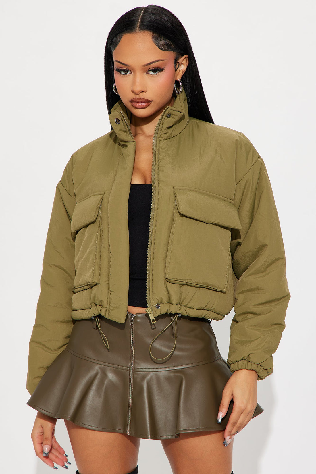 Anika Cropped Puffer Jacket - Olive