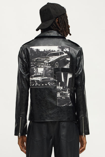 Faux Leather Speed Patched Moto Jacket - Black/combo