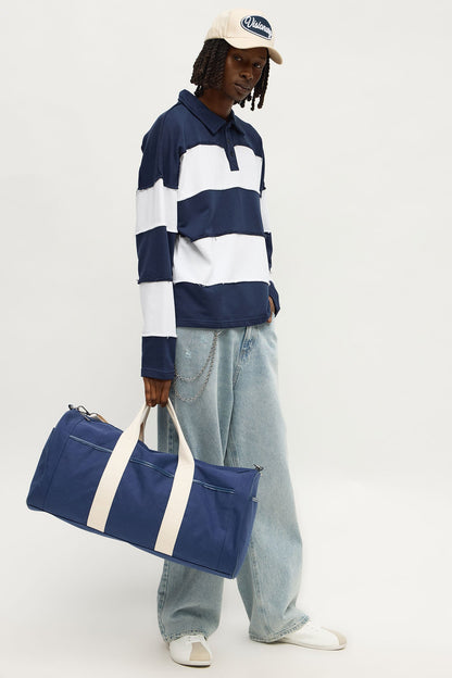 Relaxed Distressed Striped LA Long Sleeve Polo - Navy/combo