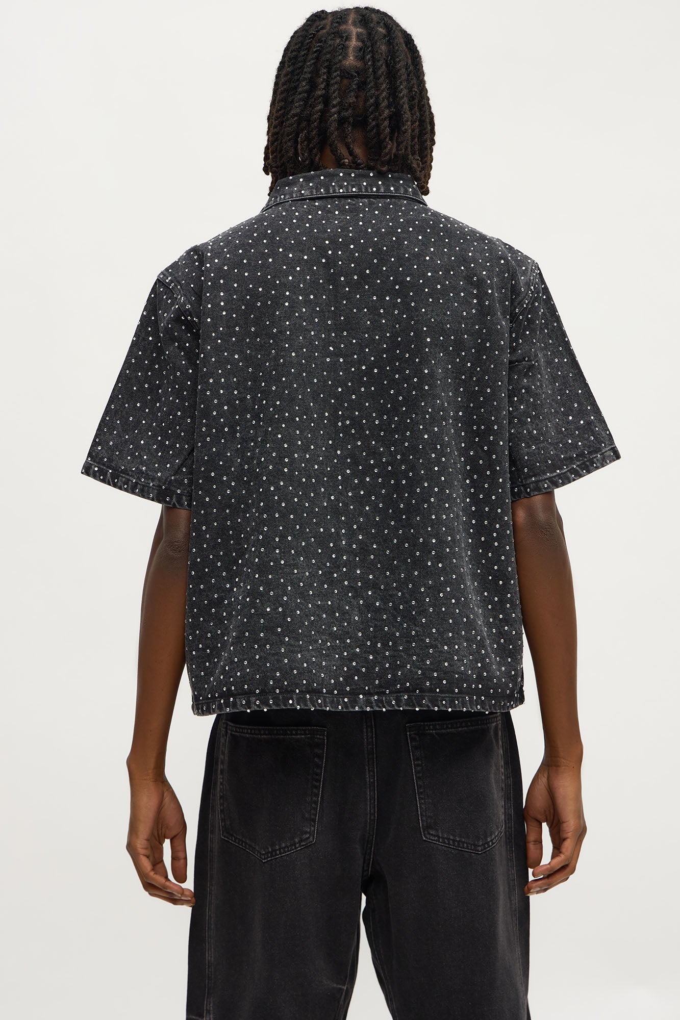 Cropped Embellished Denim Button Up Shirt - Black Wash