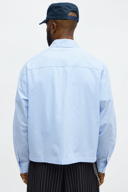 Cropped Top Thingz Striped Long Sleeve Button Up Shirt - Blue