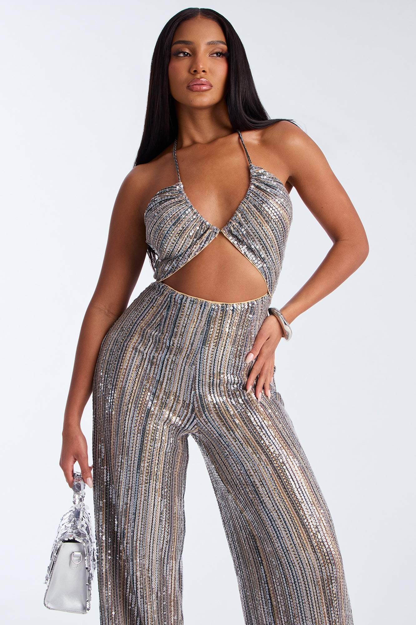 In The Spotlight Sequin Halter Jumpsuit - Teal/combo