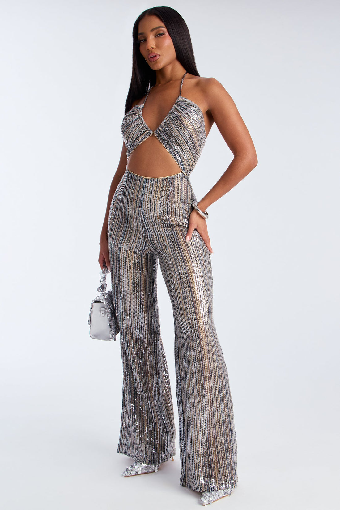 In The Spotlight Sequin Halter Jumpsuit - Teal/combo