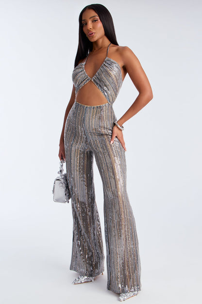 In The Spotlight Sequin Halter Jumpsuit - Teal/combo