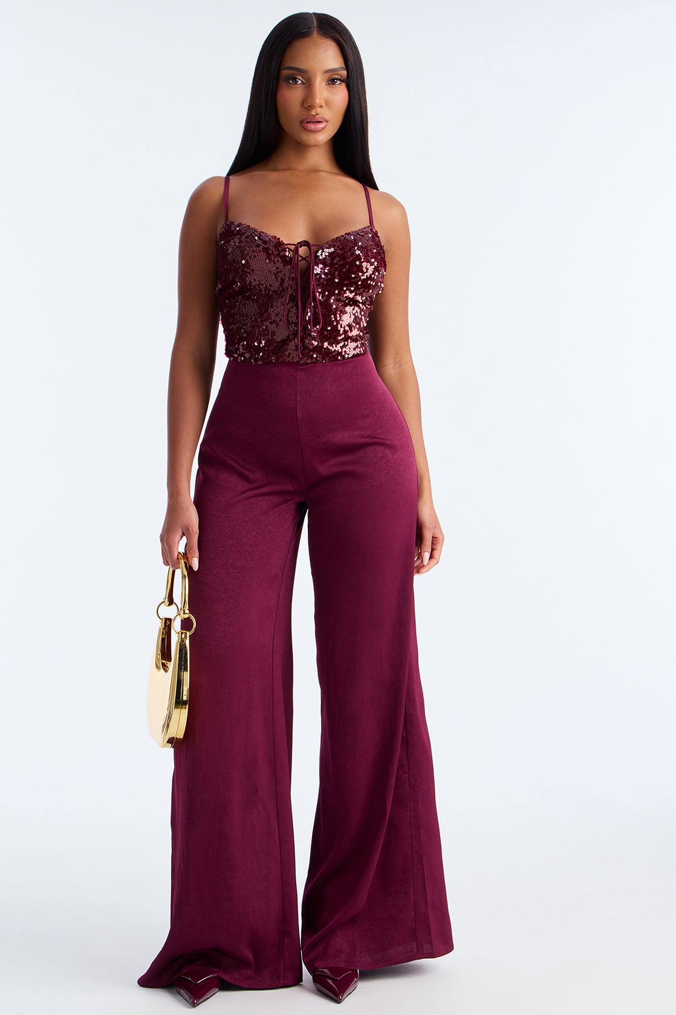 Gigi Sequin Lace Up Jumpsuit - Wine