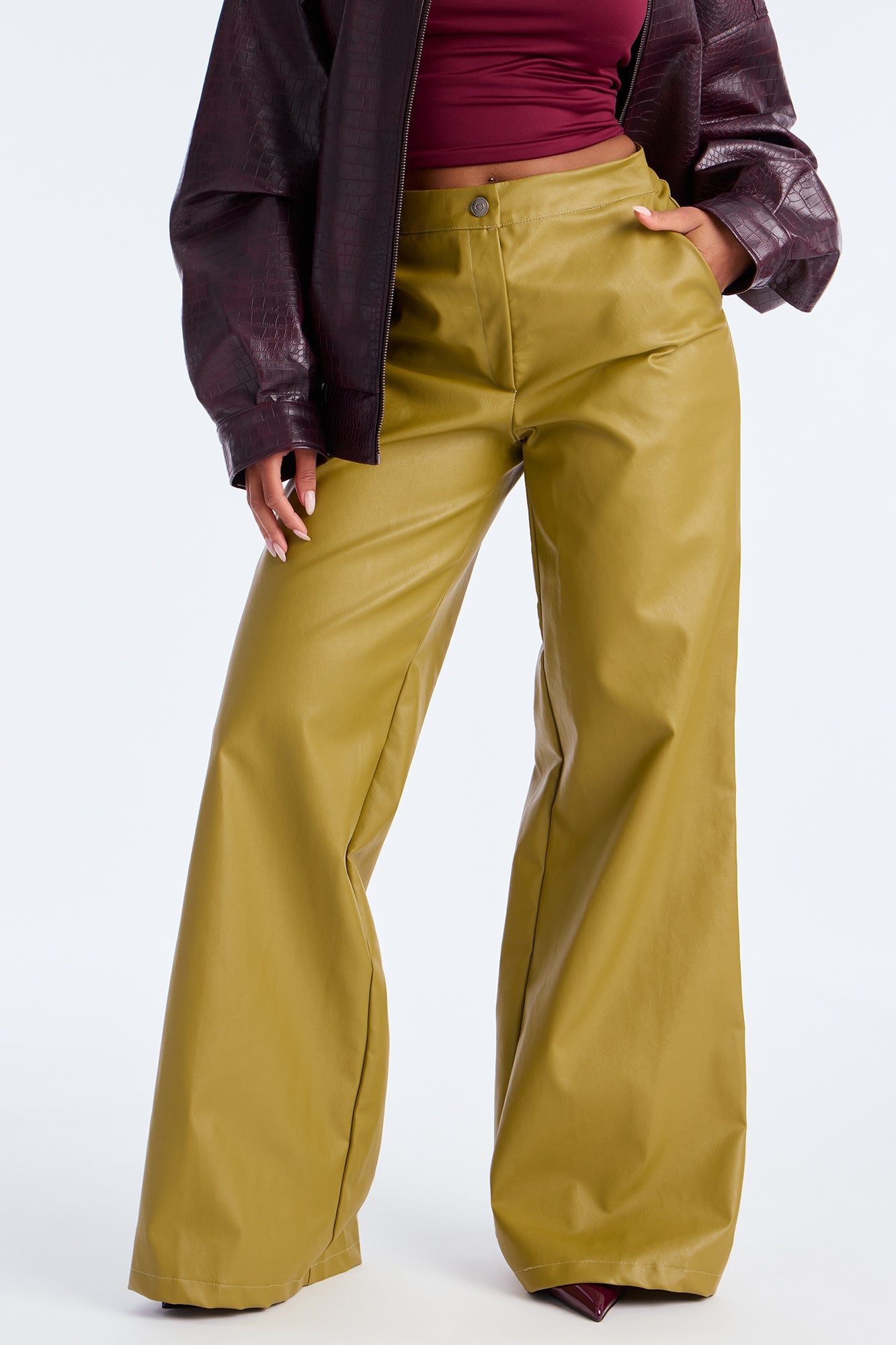 Best Of Me Faux Leather Wide Leg Pant 33″ - Chartreuse