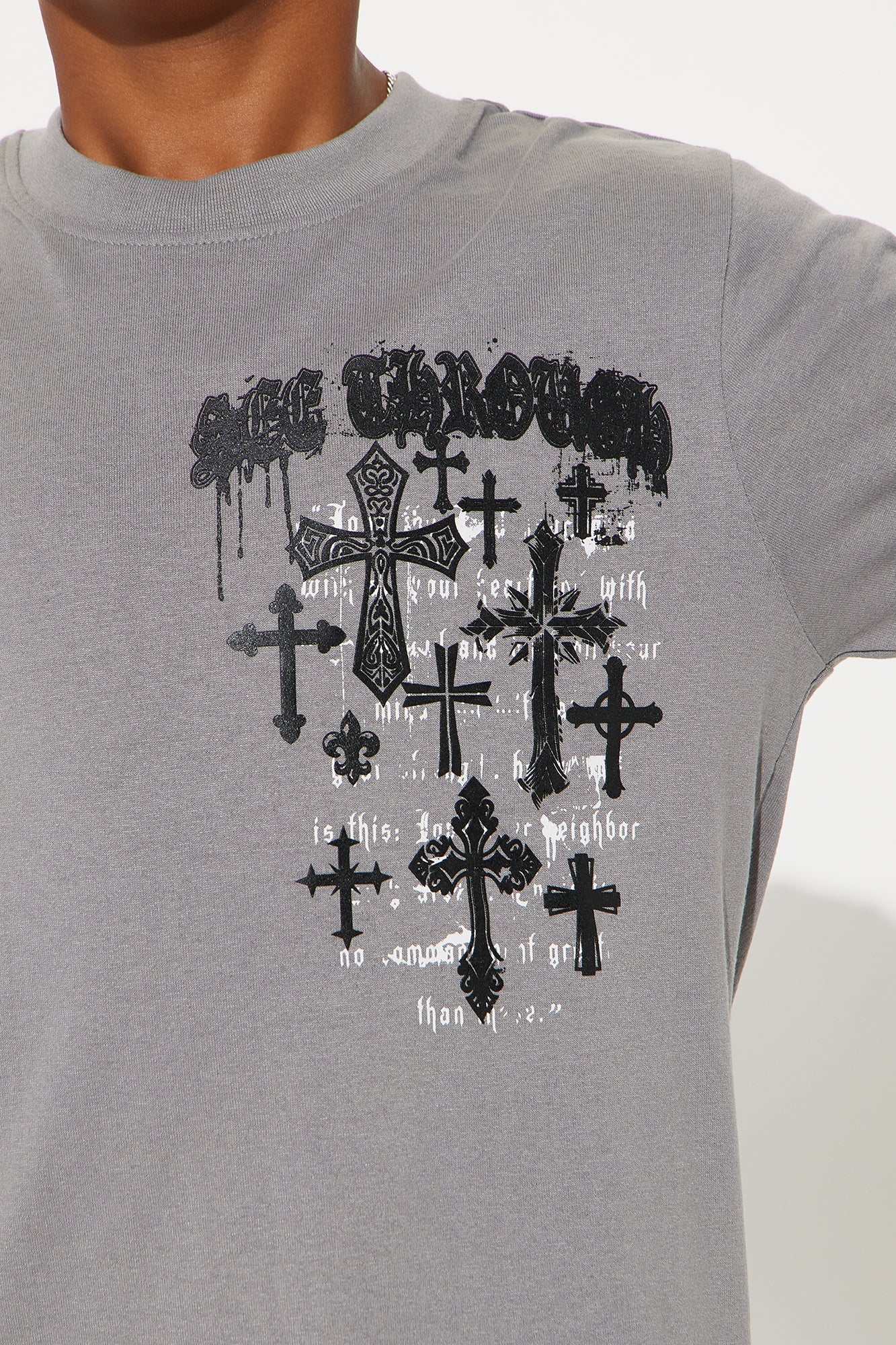 Mini See Through Crossed Print T-Shirt - Grey