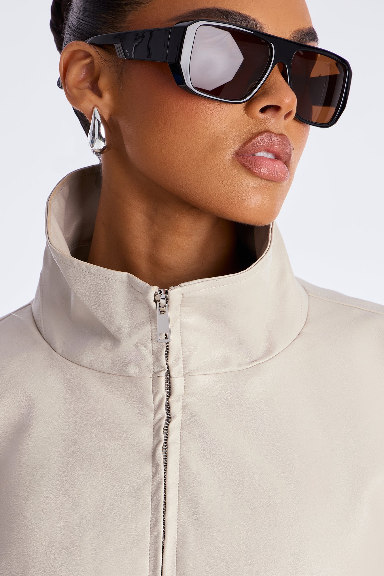 Skyline Belted Faux Leather Moto Jacket - Stone