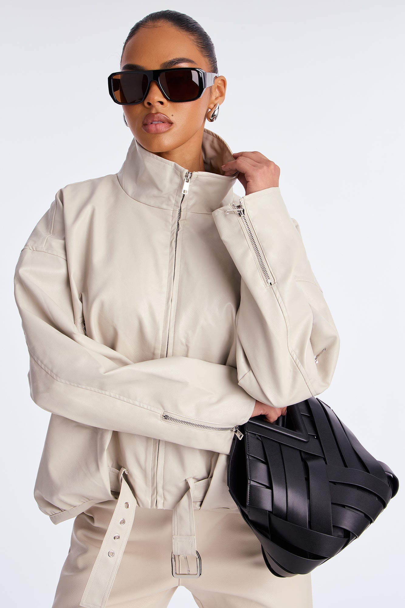 Skyline Belted Faux Leather Moto Jacket - Stone