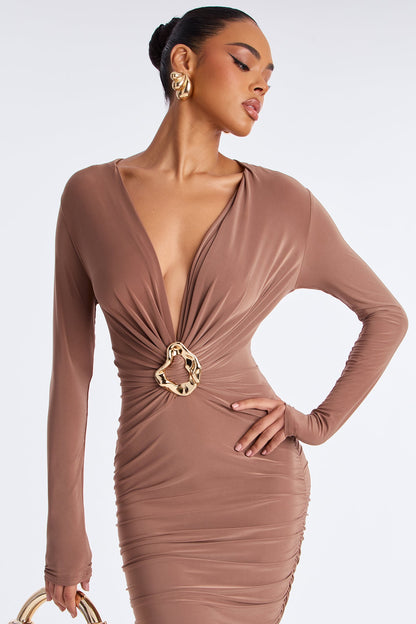 Dorian Long Sleeve Ruched Midi Dress - Taupe