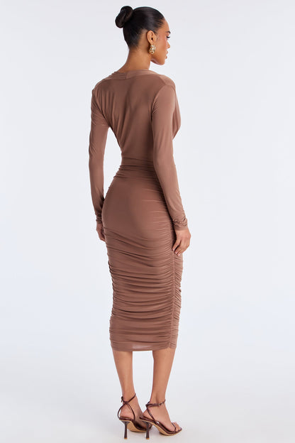Dorian Long Sleeve Ruched Midi Dress - Taupe