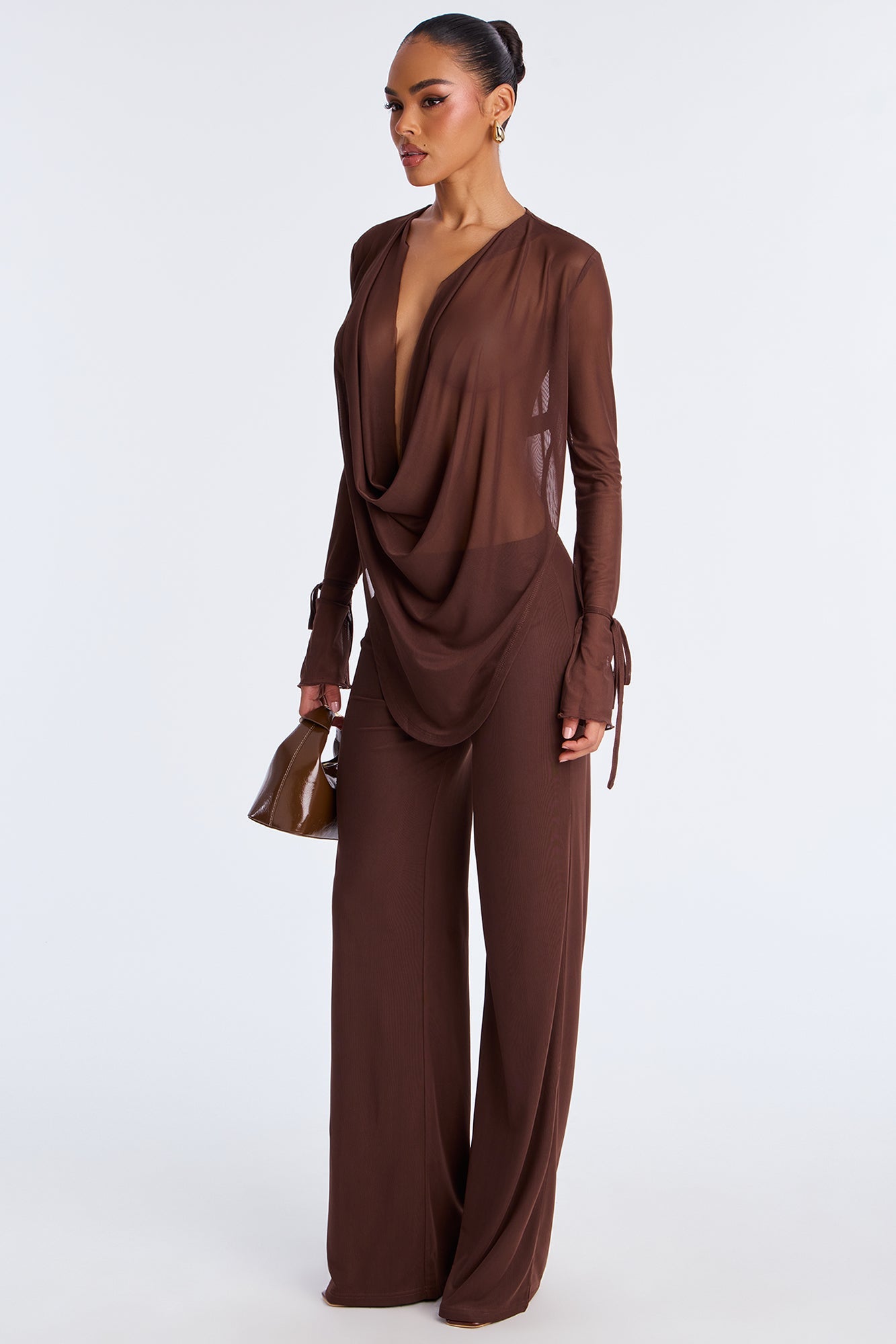 Silent Muse Cowl Neck Mesh Pant Set - Chocolate