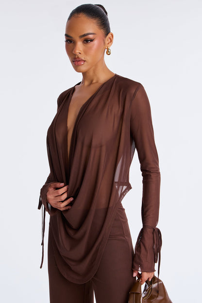 Silent Muse Cowl Neck Mesh Pant Set - Chocolate