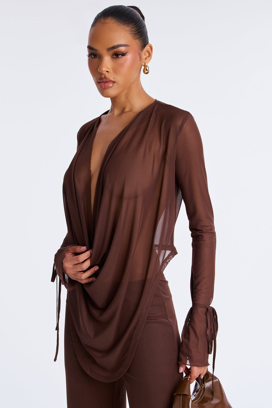 Silent Muse Cowl Neck Mesh Pant Set - Chocolate