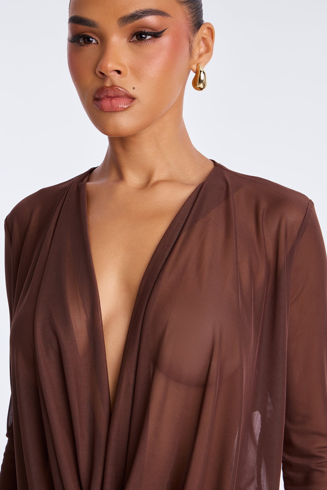 Silent Muse Cowl Neck Mesh Pant Set - Chocolate