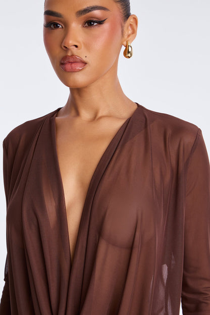 Silent Muse Cowl Neck Mesh Pant Set - Chocolate