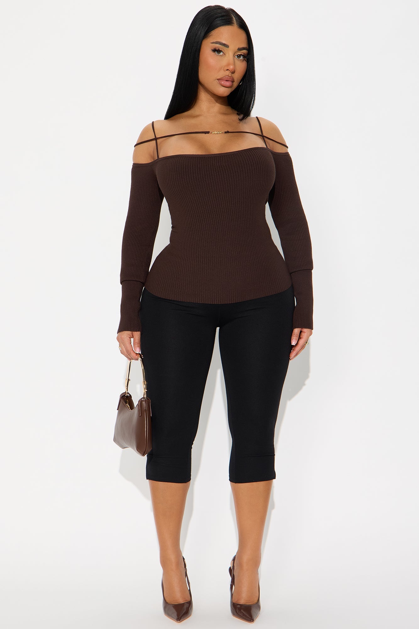 Stay Dramatic Off Shoulder Strappy Sweater Top - Chocolate