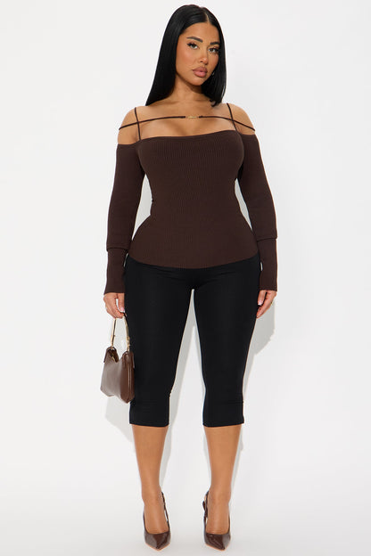 Stay Dramatic Off Shoulder Strappy Sweater Top - Chocolate