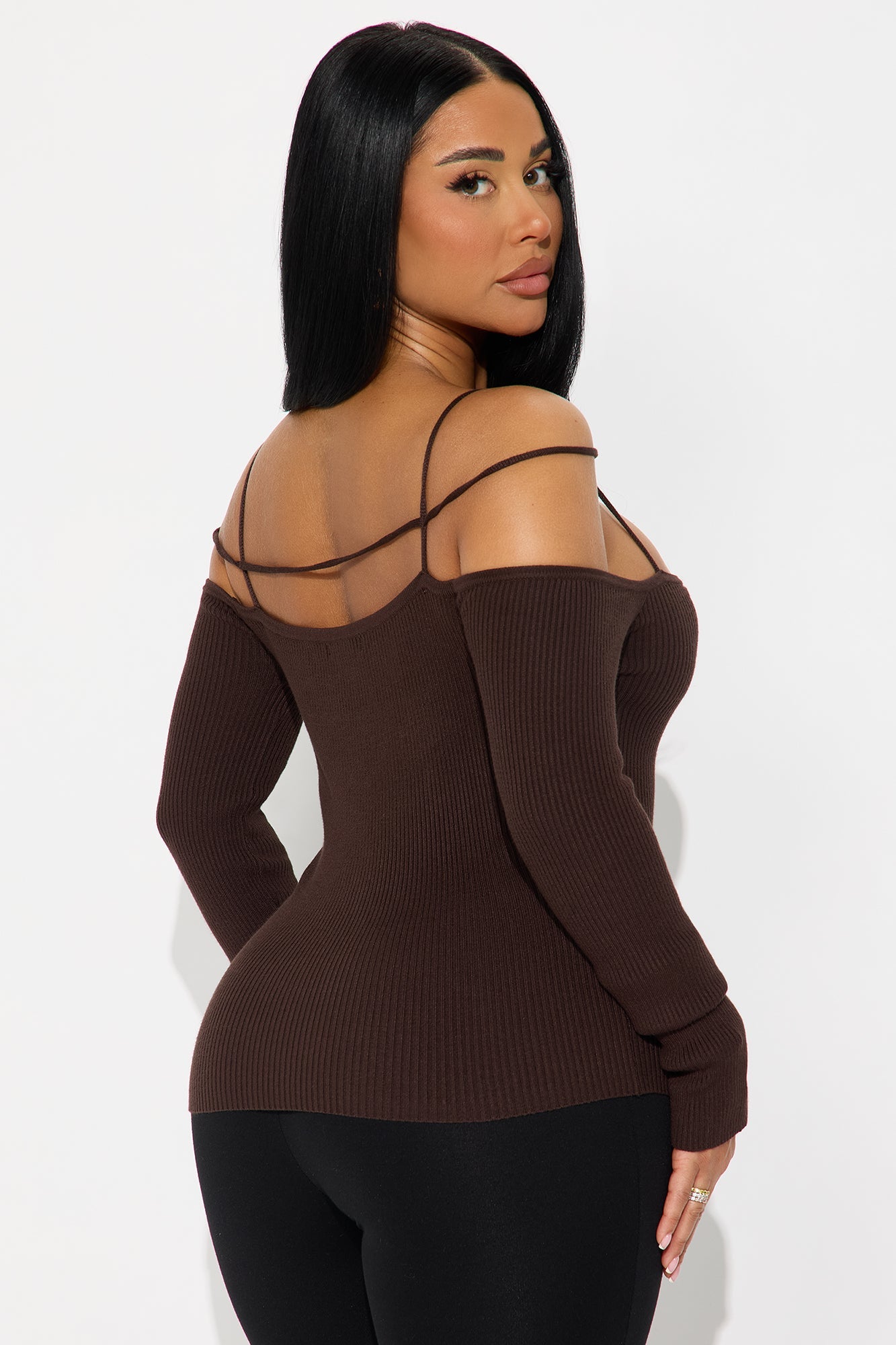 Stay Dramatic Off Shoulder Strappy Sweater Top - Chocolate