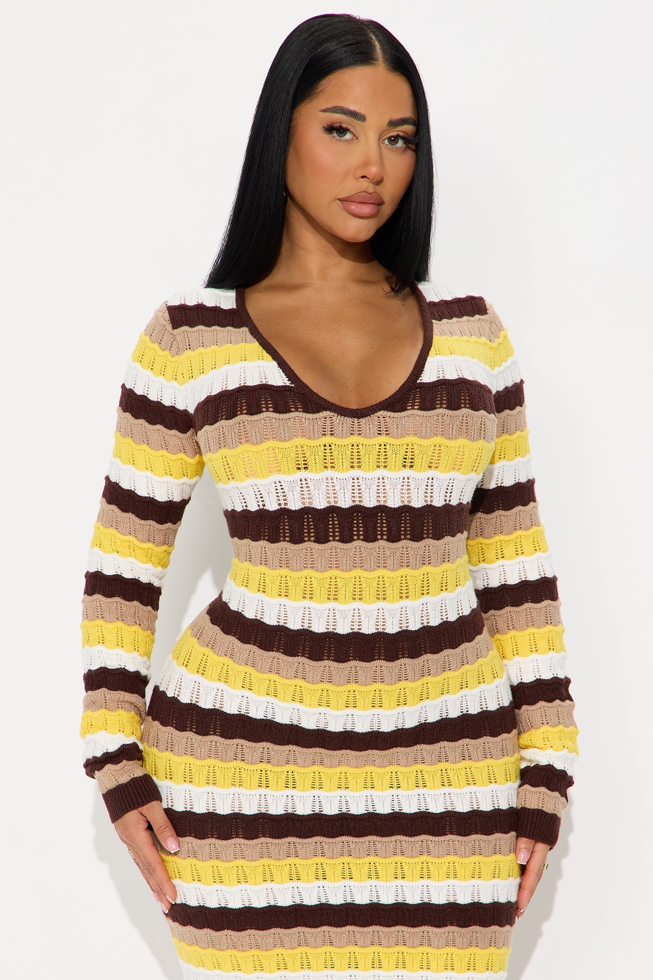 Kalian Striped Mini Sweater Dress - Chocolate/Combo