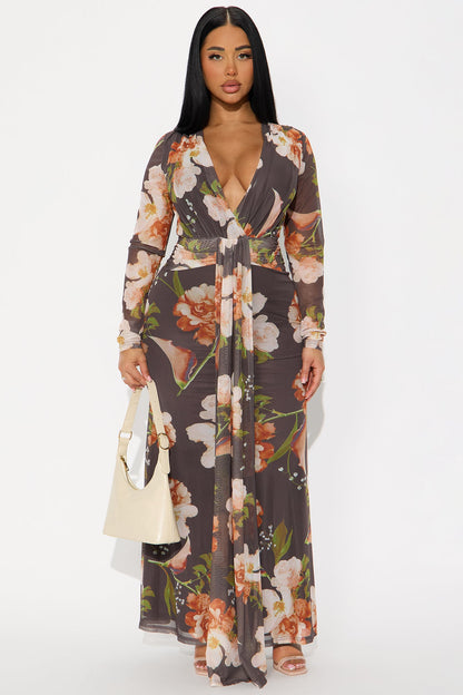 Bare Kiss Floral Mesh Maxi Dress - Dark Brown