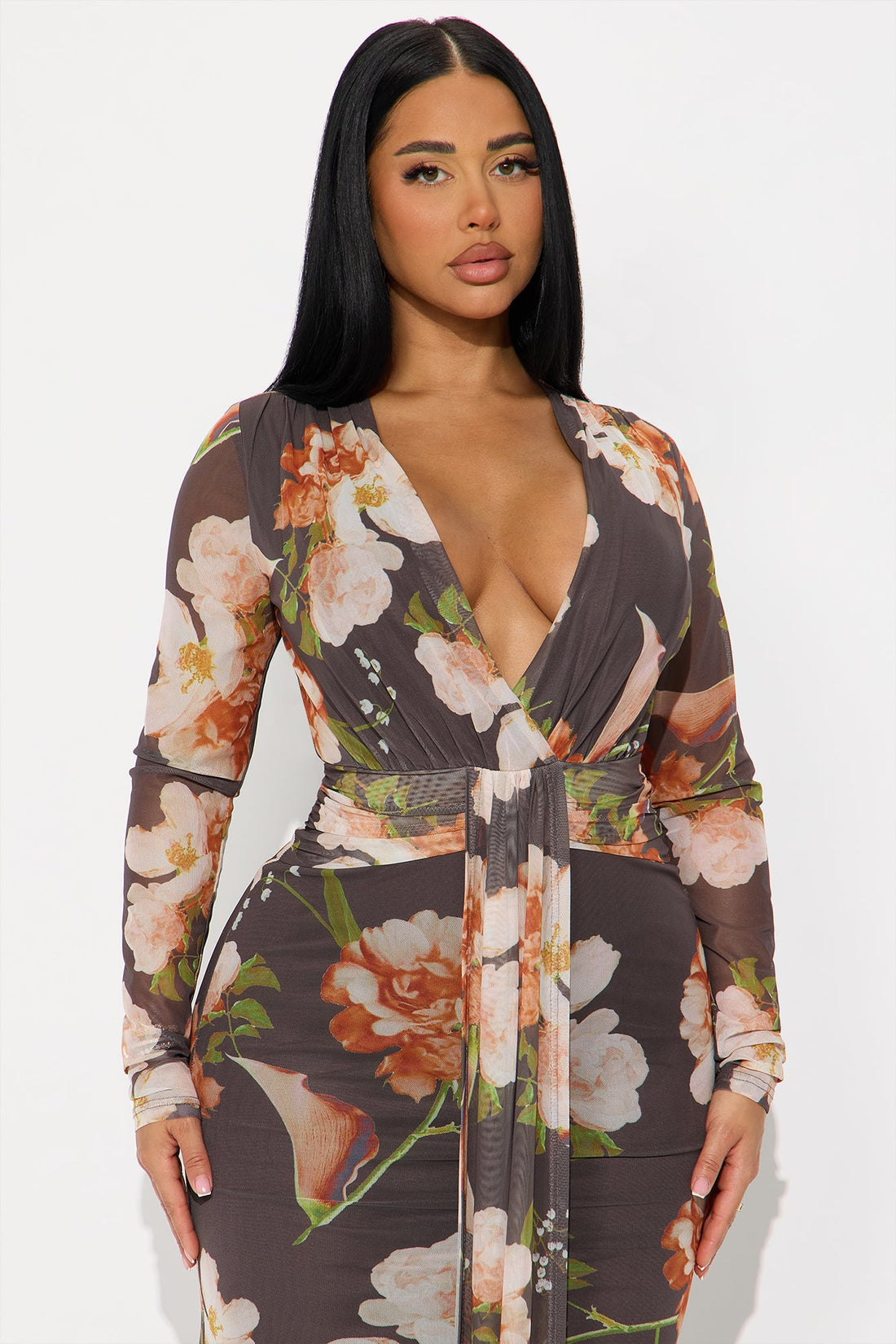 Bare Kiss Floral Mesh Maxi Dress - Dark Brown