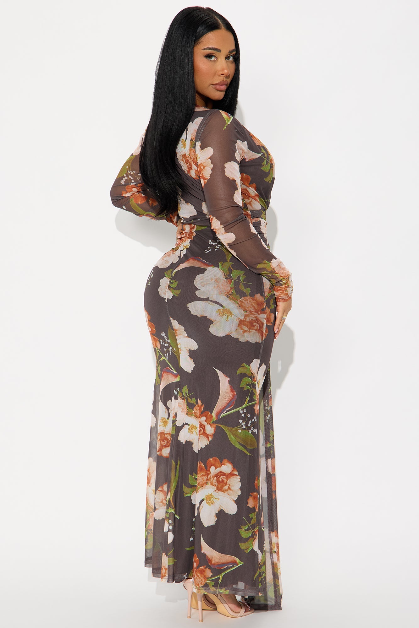 Bare Kiss Floral Mesh Maxi Dress - Dark Brown