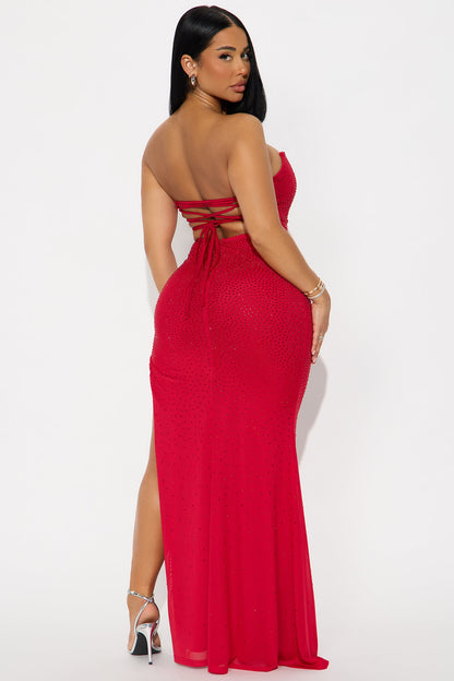 Rare Romance Rhinestone Mesh Gown - Red