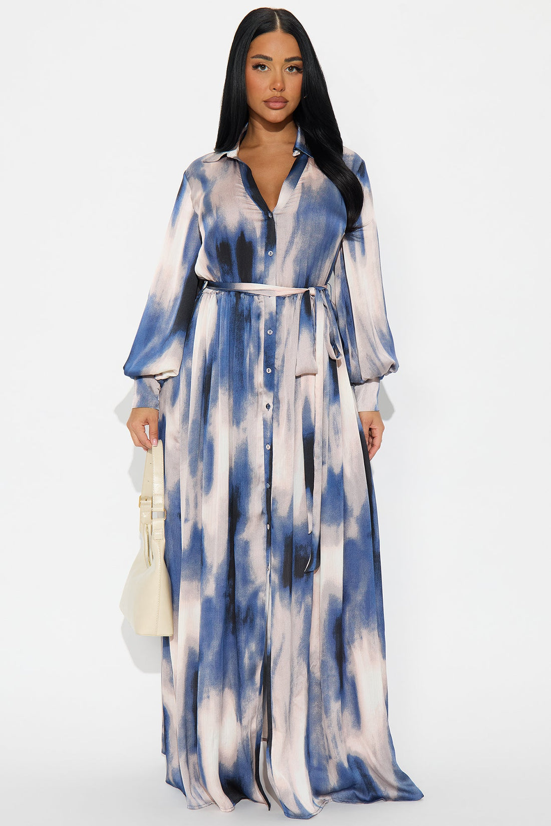 Pout And Play Satin Maxi Shirt Dress - Blue/combo