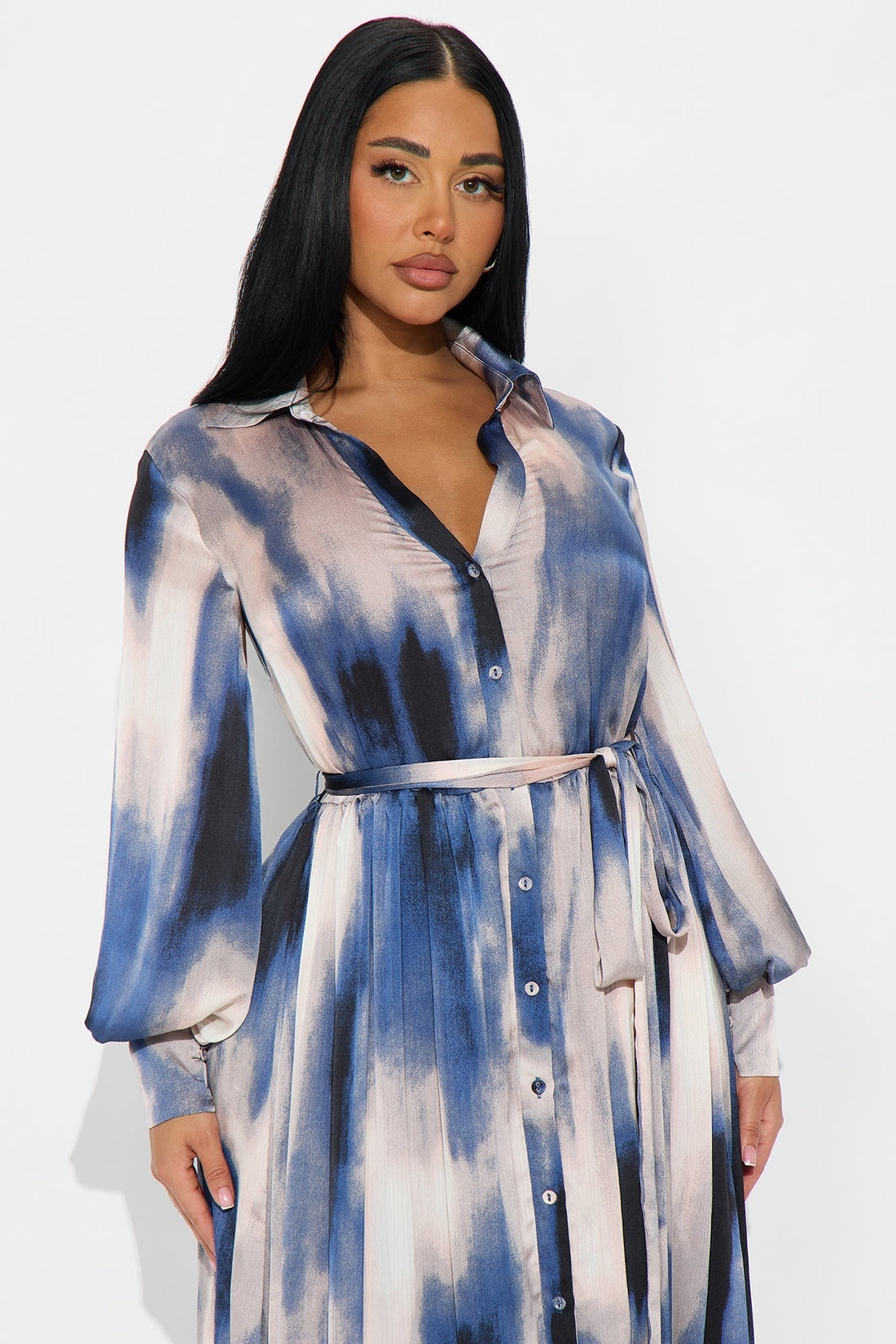 Pout And Play Satin Maxi Shirt Dress - Blue/combo