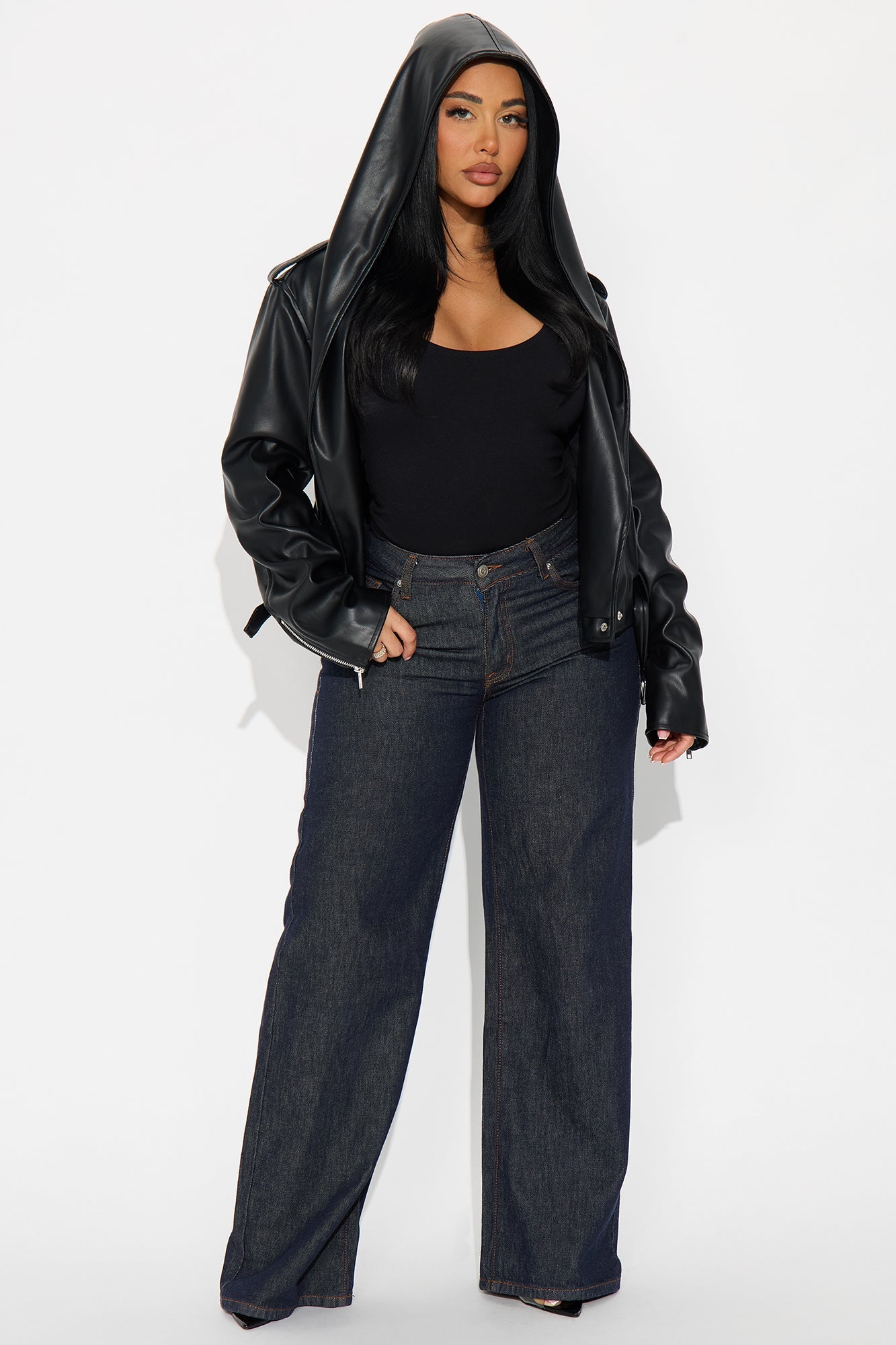 Rebel Hooded Faux Leather Moto Jacket - Black