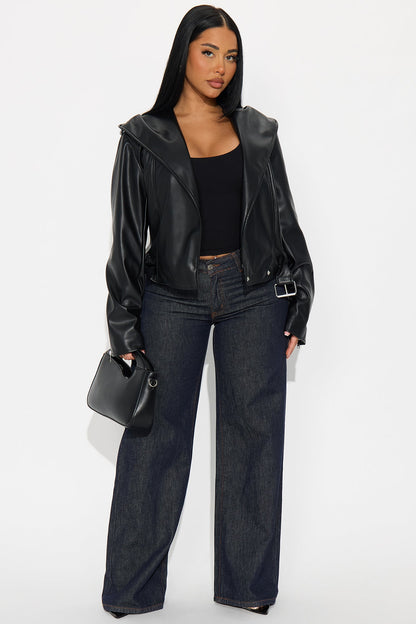 Rebel Hooded Faux Leather Moto Jacket - Black